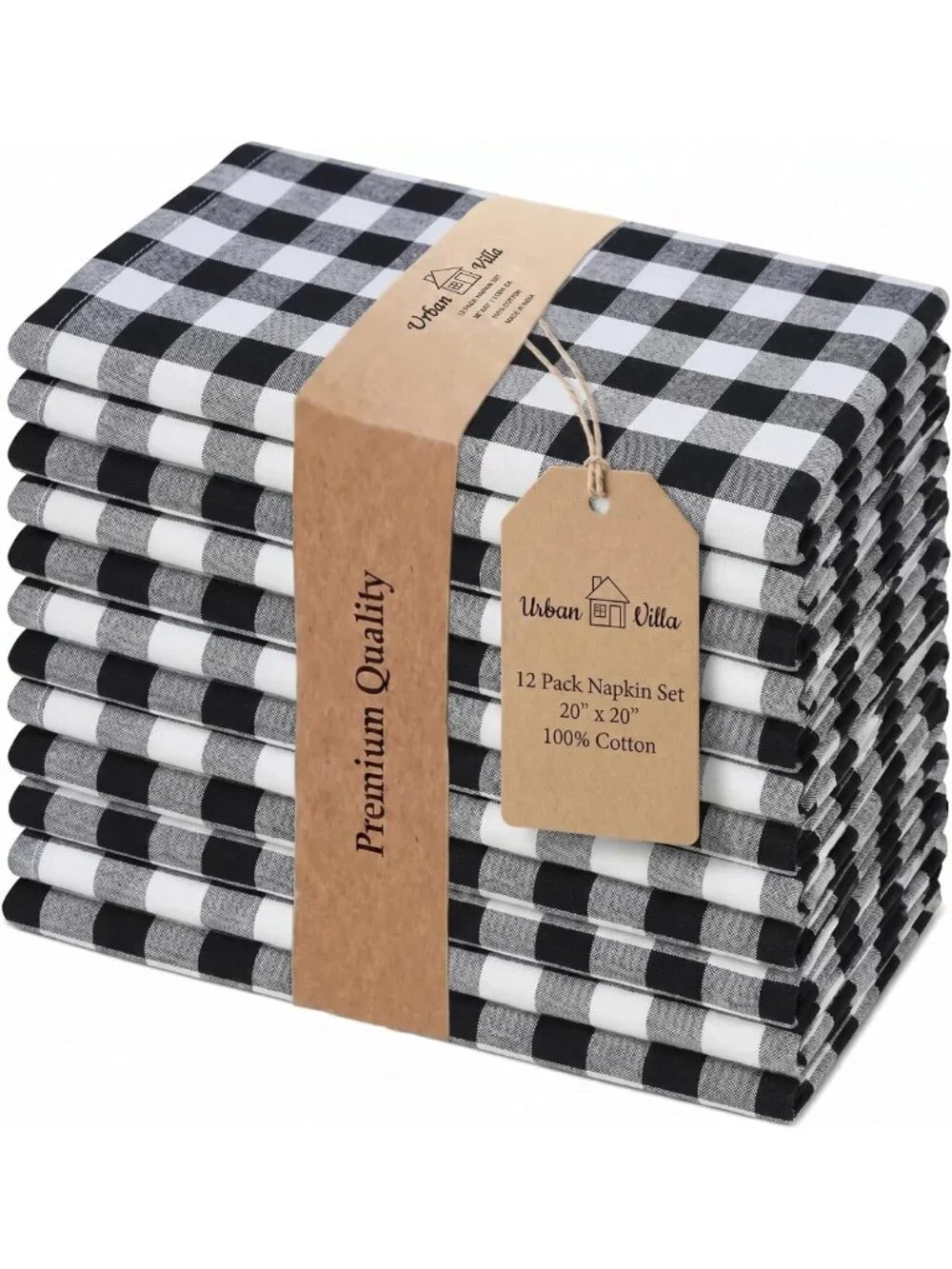 Stylish Cotton Cloth Napkins 20x20 (Set of 12) - Black Checkered Design